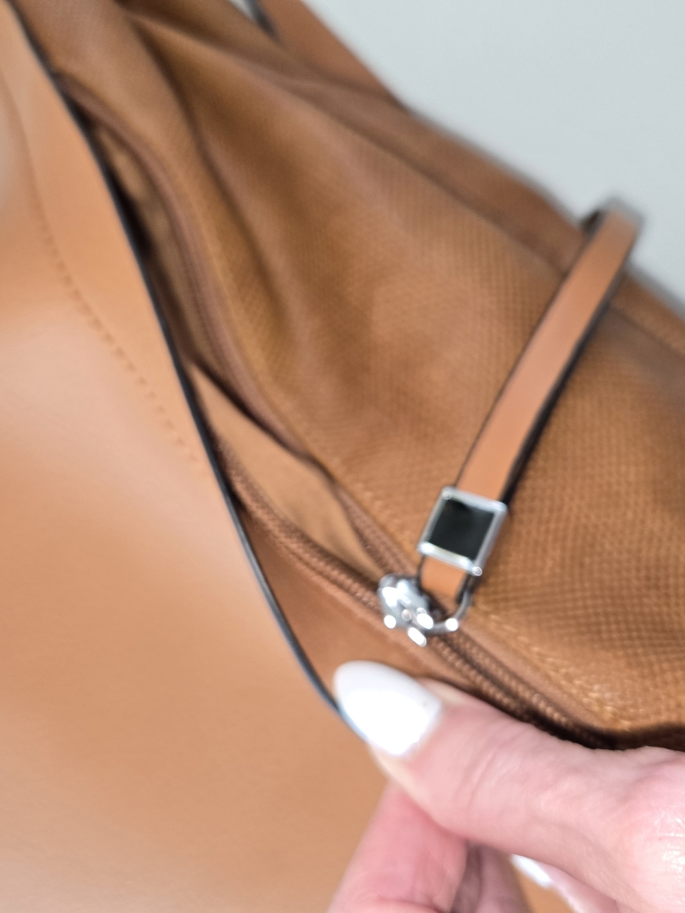 Tan Faux Leather Slouchy Hobo Shoulder Bag with Textured Leather Trim Tote 12x12 - Picture 9 of 16
